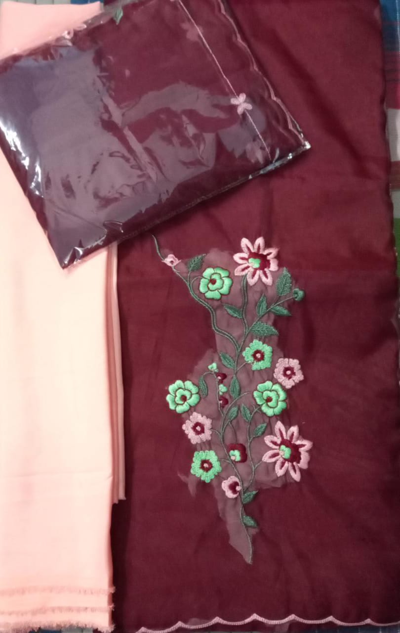 unstitched organza maroon dress material
